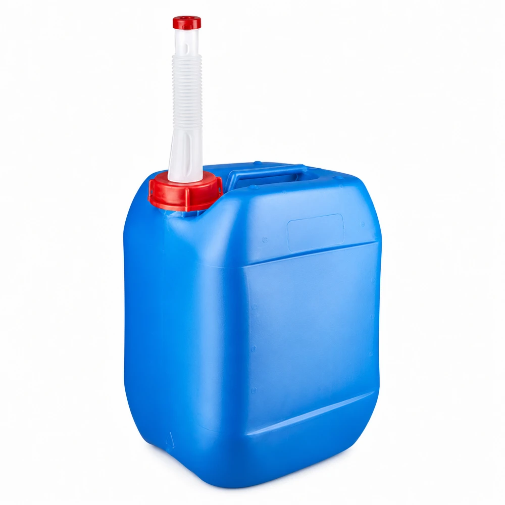 Kompakter blauer Kunststoffkanister 10 Liter mit flexiblem Einfüllrohr und kindersicherem Deckel