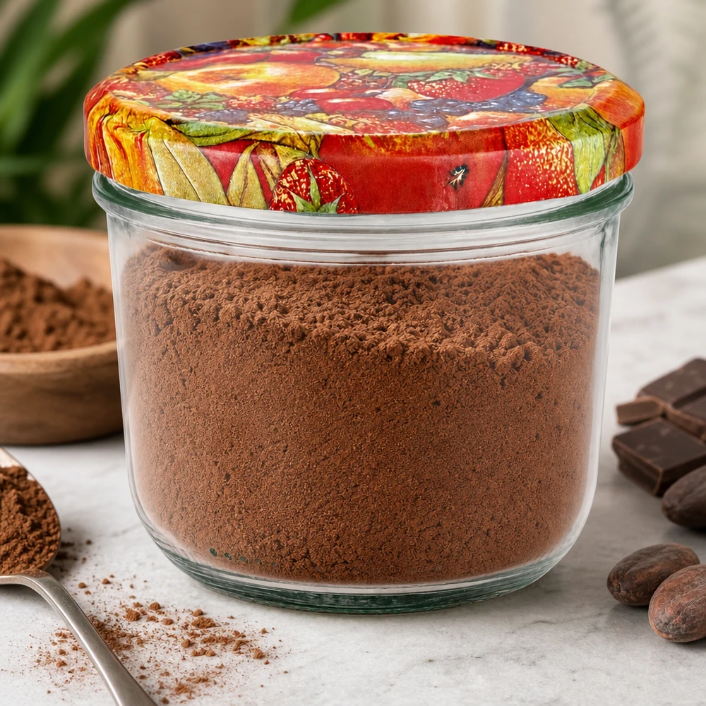 230ml Sturzglas mit Kakaopulver gefüllt und buntem BasicSeal Obstdekor-Deckel umgeben von Schokolade und Kakao