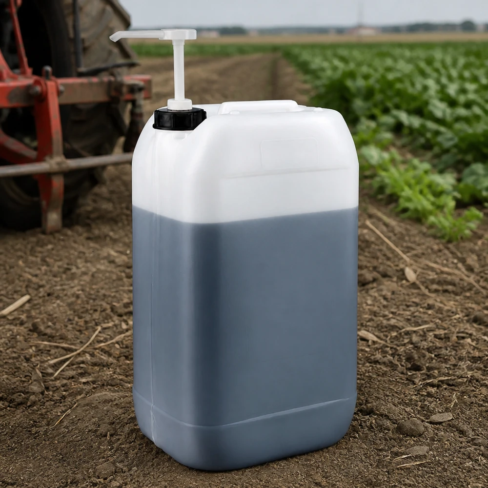 Kanister 15 Liter mit Dosierpumpe Rechteckiger Kunststoffkanister 15 Liter mit Dosierpumpe auf unbefestigtem Boden im Agrarbereich