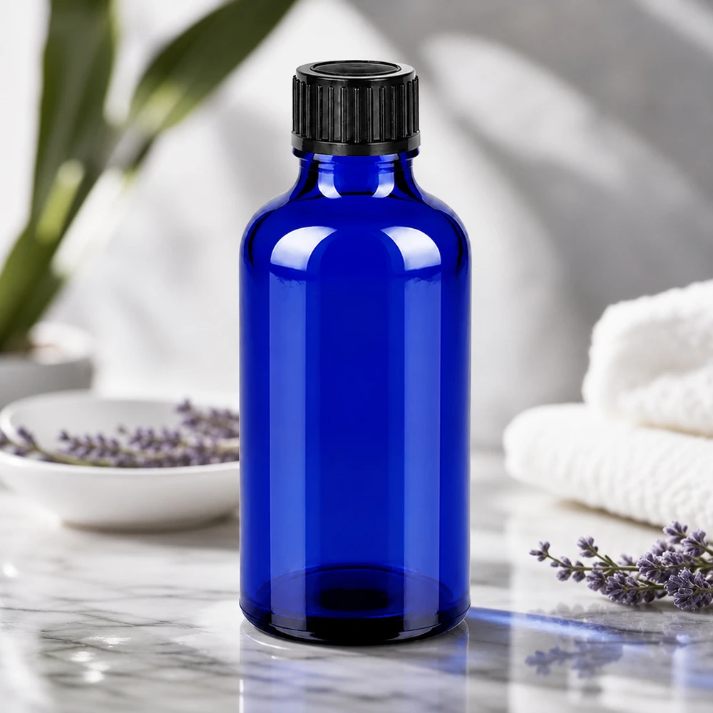 50ml Flasche 11mm Schraubverschluss schwarz Originalitätsverschluss BlueLine UT18/50 Pharmazeutische 50ml Glasflasche in UV-Filter Blau mit tamper-evident Verschluss für Qualitätssicherung