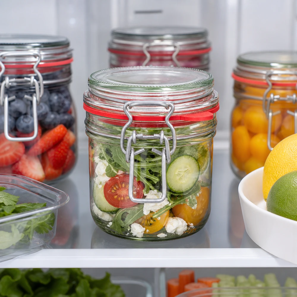 255ml Vorratsglas Typ G mit Bügelverschluss UN.. 255ml Vorratsglas mit Bügelverschluss im Kühlschrank mit frischem Salat gefüllt neben anderen Meal-Prep-Gläsern