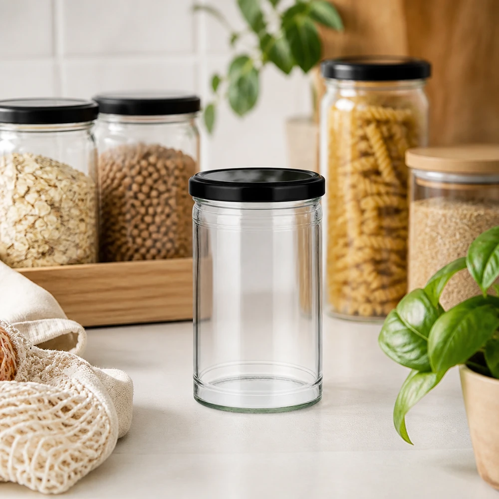 Leeres 1053ml Sturzglas mit schwarzem Deckel in Zero-Waste Küche mit Vorratsgläsern und nachhaltigen Materialien