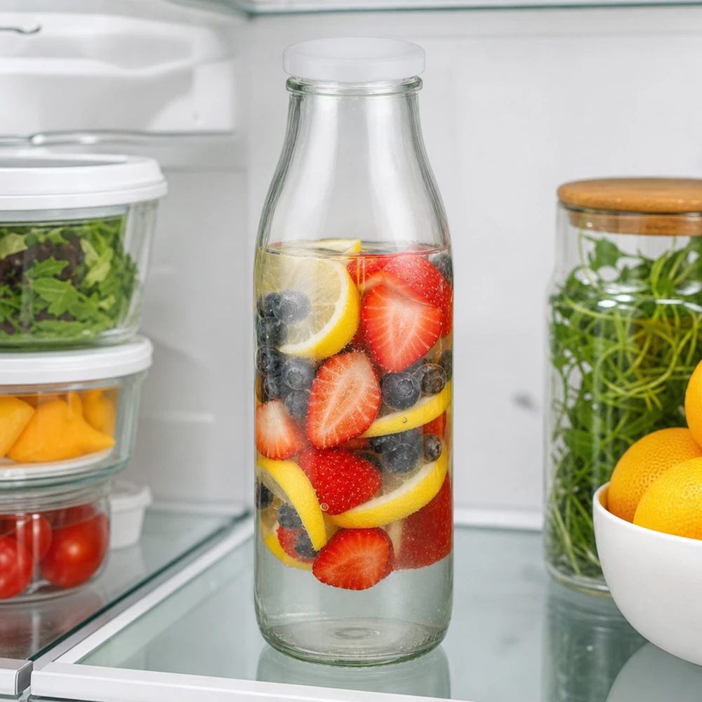 500ml Glasflasche mit BasicSeal Deckel voller Beeren-Zitronen-Infused Water im Kühlschrank zwischen frischen Lebensmitte