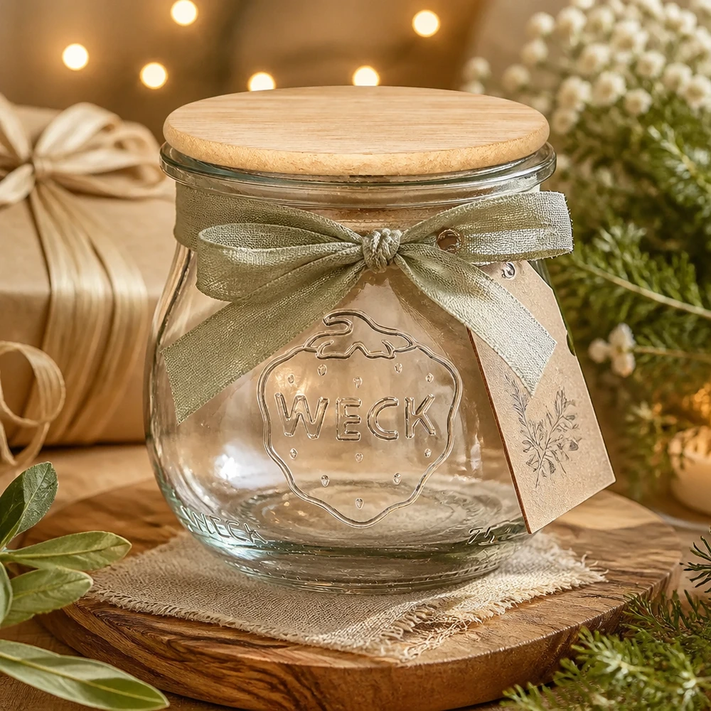 75ml Tulpenglas WECK RR40 mit Holzdeckel WECK Tulpenglas 75ml mit Holzdeckel als Geschenkverpackung dekoriert mit Schleife für Marmelade und Konfitüre