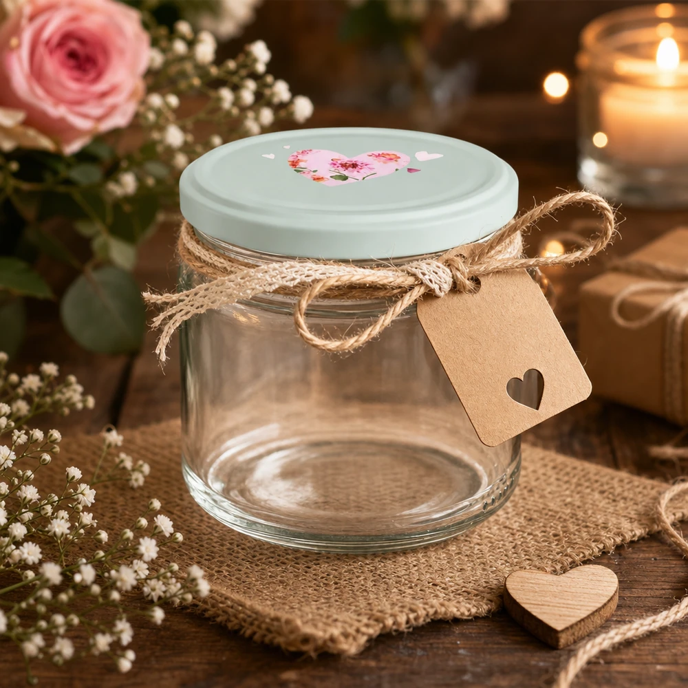 330ml Rundglas leer dekoriert mit Juteschnur Herzanhänger BasicSeal Deckel mint Geschenkverpackung Einmachglas