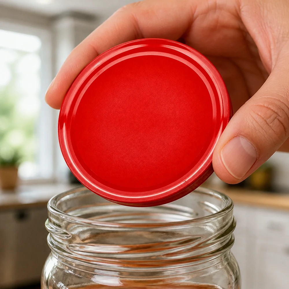 Hand setzt roten 82mm BasicSeal Deckel auf transparentes Vorratsglas mit Inhalt