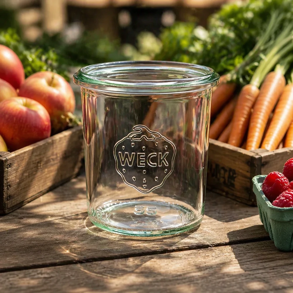 140ml Sturzglas WECK RR60 140ml WECK Sturzglas RR60 Einmachglas auf Holztisch mit frischem Obst und Gemüse im Hintergrund