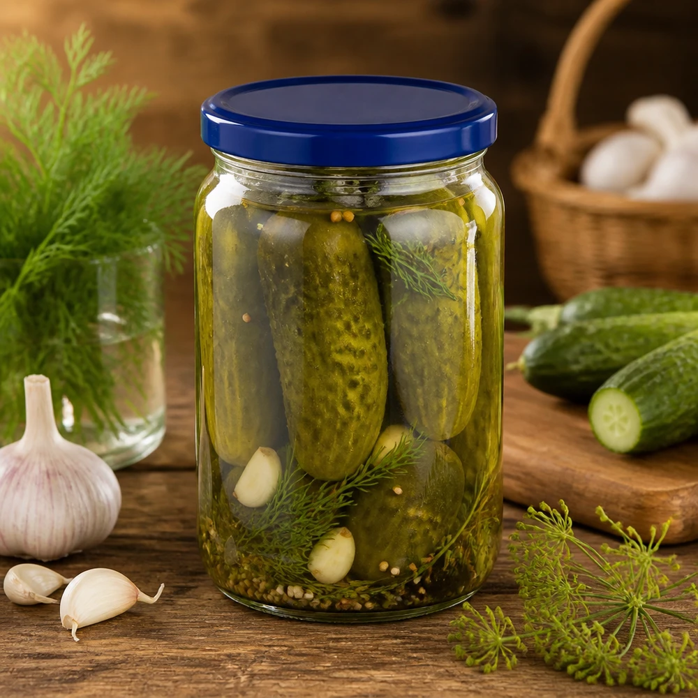 795ml Rundglas + BasicSeal Deckel blau UNiTWIST 795ml Rundglas mit blauem UNiTWIST Deckel für eingelegte Gurken mit Dill Knoblauch und Gewürzen perfekt zum Einmachen