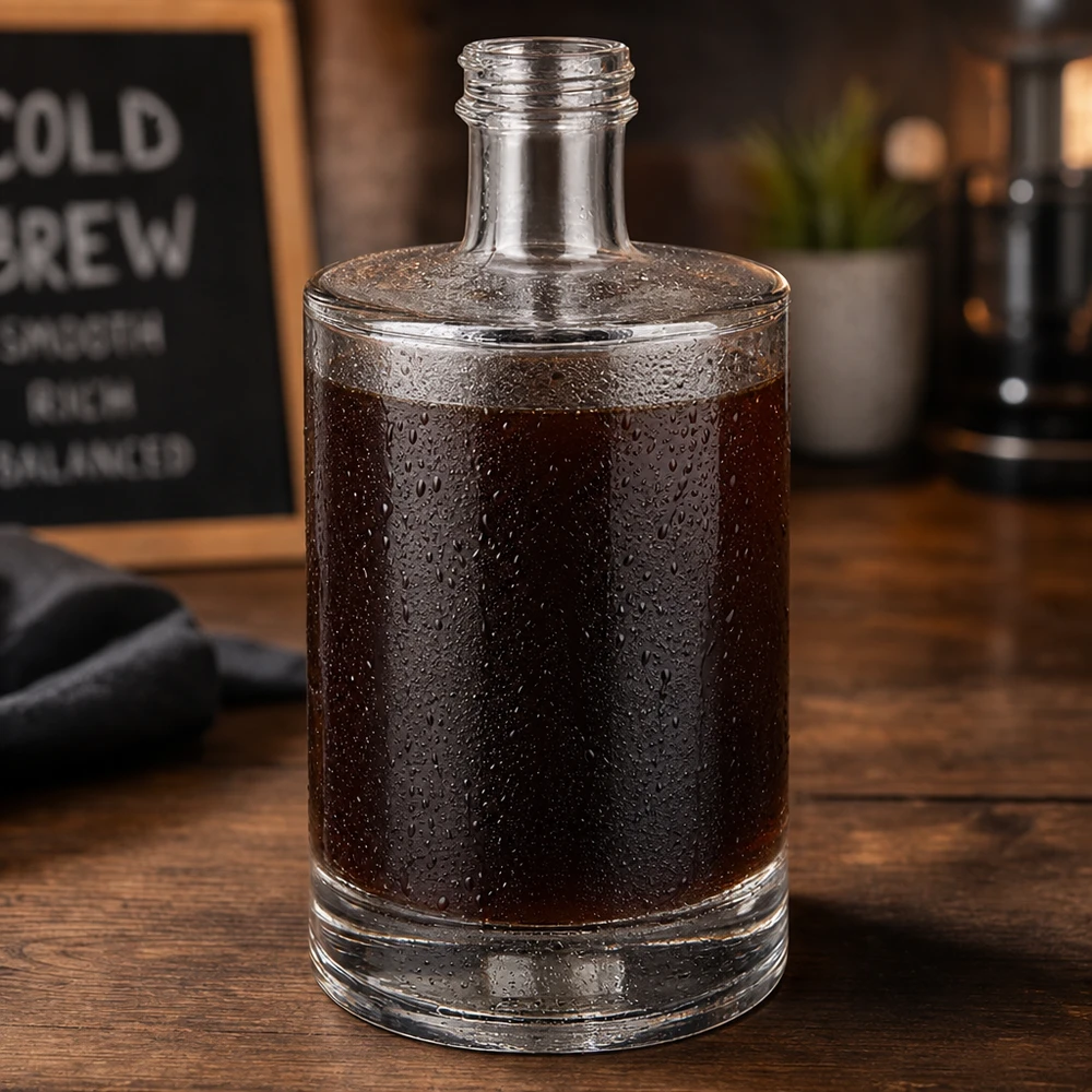500ml Glasflasche "Sam" ohne Schraubverschluss UNiTWIST 500ml Glasflasche Sam mit Cold Brew Kaffee befüllt Kondensation Wassertropfen Café Ambiente Holzuntergrund