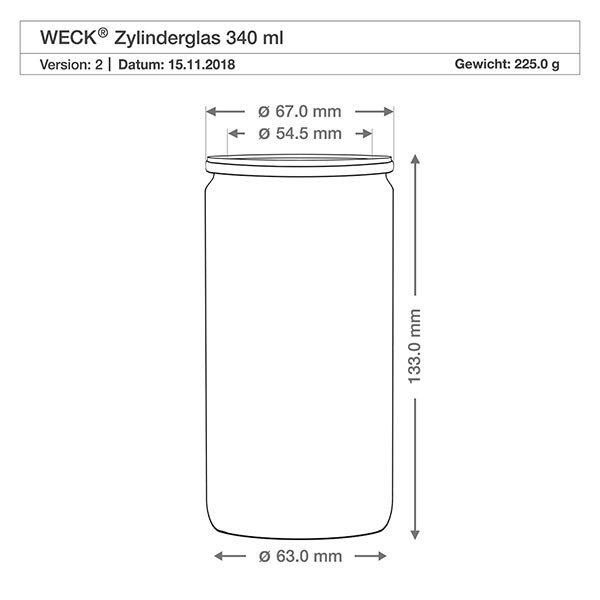 340ml Zylinderglas WECK RR60 mit Korken natur WECK Zylinderglas 340ml RR60 Maßzeichnung mit Abmessungen 67mm Durchmesser 133mm Höhe technische Produktspezifikation