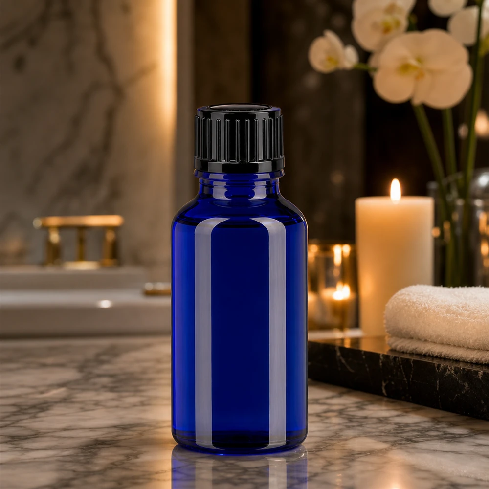 Apothekenflasche blau 20ml Tropfverschluss 1mm schwarz Standard Hochwertige blaue Glasflasche 20ml mit Dosierverschluss für Naturkosmetik und Serum