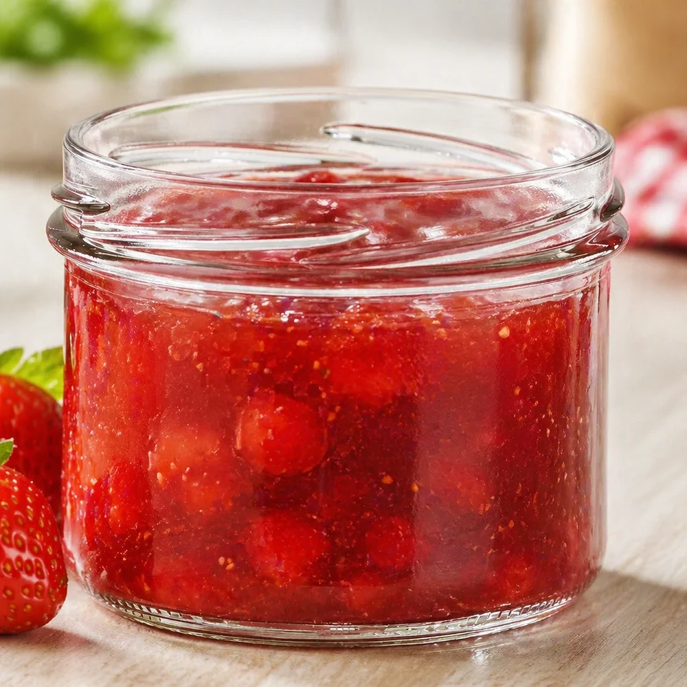 225ml Sturzglas ohne Deckel (TO82) UNiTWIST UNiTWIST Sturz225 Sturzglas 225ml TO82 mit roter Erdbeermarmelade gefüllt auf Holztisch mit frischen Erdbeeren