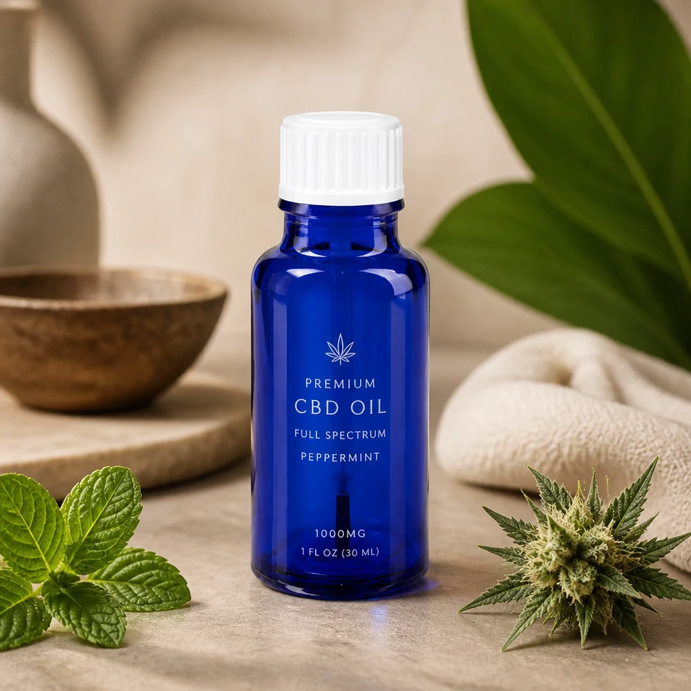 Pinselaufsatz Flasche blau 20ml ApoGlas mit Naturkräutern auf Steinoberfläche arrangiert