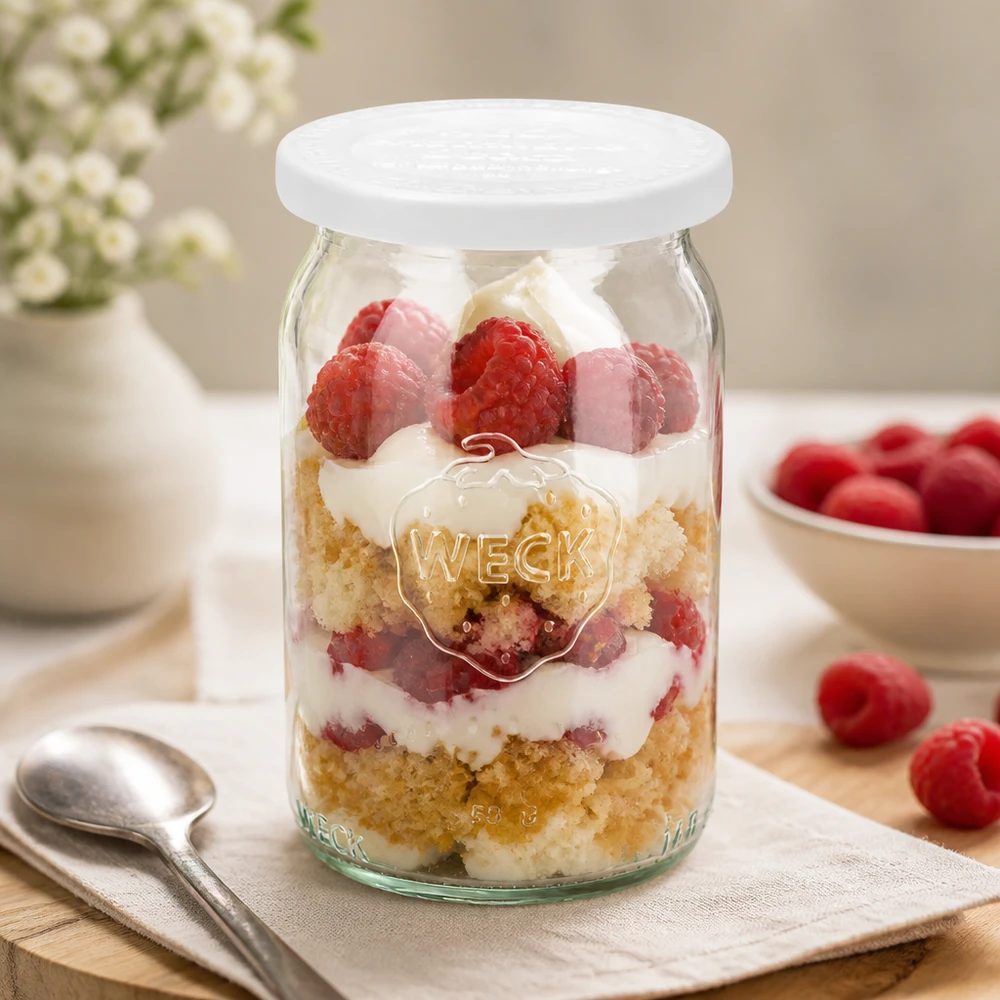 WECK RR40 Zylinderglas 145ml mit Schichtdessert aus Himbeeren und Sahne als Frühstücksglas auf hellem Untergrund