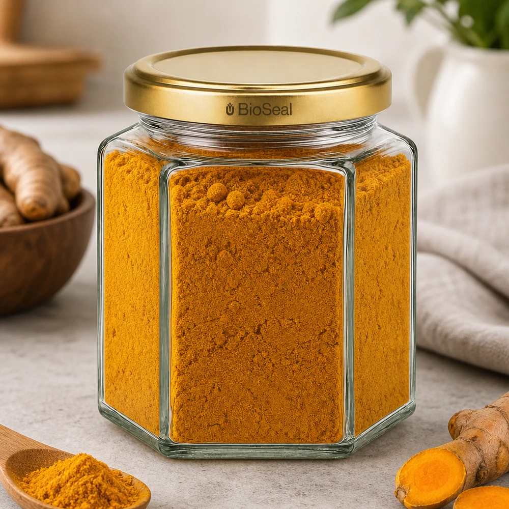 390ml Hexaglas mit BioSeal Deckel gold UNiTWIST UNiTWIST Hexa390 Gewürzglas mit goldenem BioSeal Deckel befüllt mit Kurkuma Pulver neben frischen Ingwerwurzeln