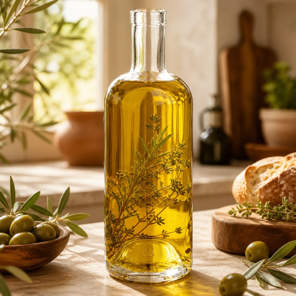 750ml Glasflasche "Attila" ohne Verschluss UNiTWIST® 750ml Glasflasche Emma mit Olivenöl und Kräutern gefüllt neben Oliven Brot und mediterraner Dekoration
