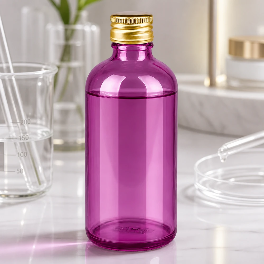 Violette Glasflasche 100ml mit wiederverwendbarem Schraubdeckel für nachhaltige Kosmetikverpackung