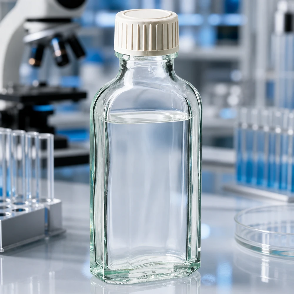 Transparente Meplat Glasflasche mit flachem Körper und weißem Schraubdeckel 50 Milliliter