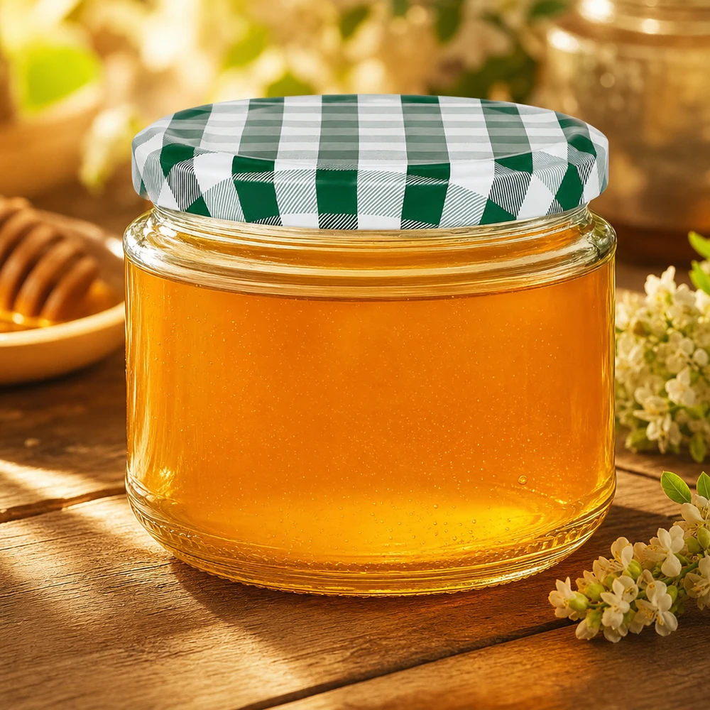 330ml Rundglas + BasicSeal Deckel grün/weiß UNiTWIST 330ml Rundglas mit Honig gefüllt, grün-weißer BasicSeal Deckel, Honigglas auf Holztisch mit Blumen dekoriert
