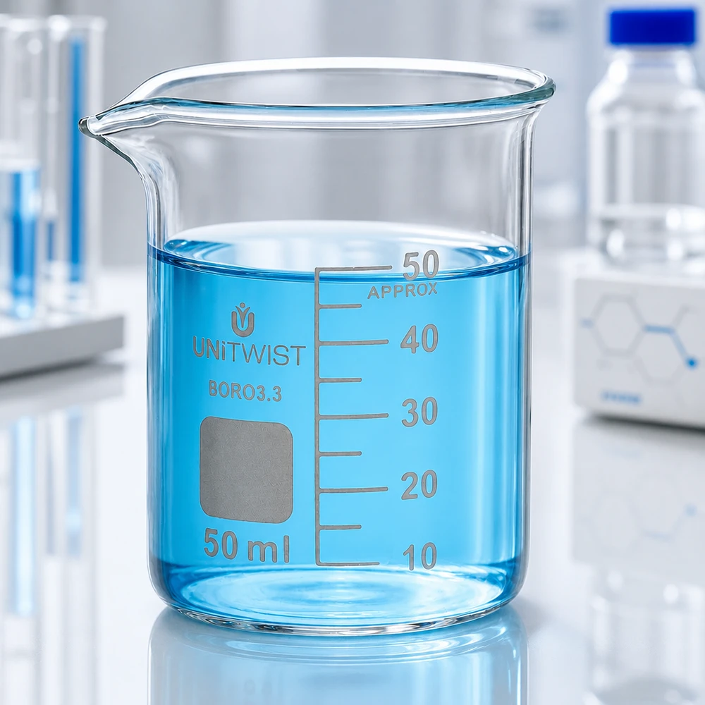 Stabiles 50ml Laborbecherglas UNiTWIST niedrige Form mit verstärktem Rand und Skalierung