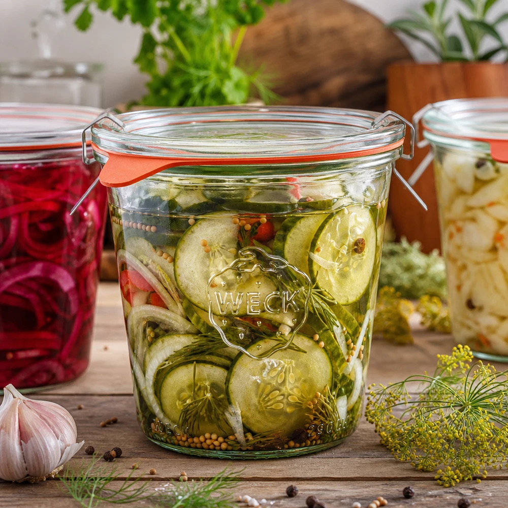 290ml Sturzglas hoch komplett WECK RR80 WECK Sturzglas 290ml RR80 mit eingelegten Gurken und Gewürzen neben anderen Einmachgläsern auf Holzoberfläche