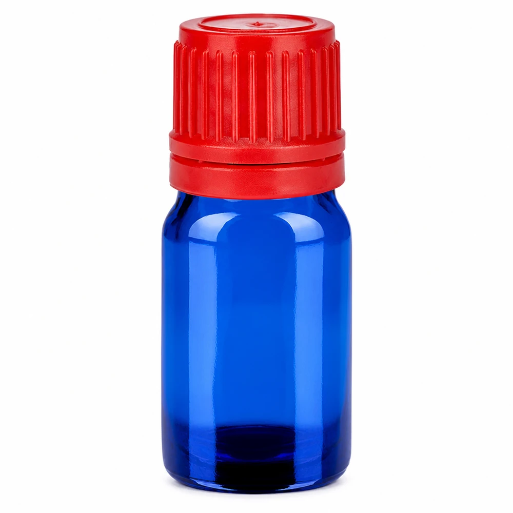 5ml Flasche 11mm Schraubverschluss rot Originalitätsverschluss BlueLine UT18/5 Präzisionsflasche 5ml BlueLine UT18/5 aus blauem Glas mit rotem Originalverschluss