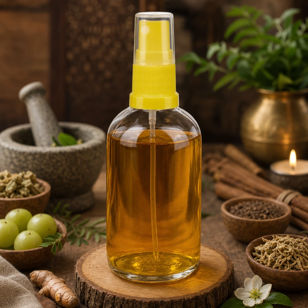 Naturkosmetik Sprühflasche 100ml transparent gelber Kopf neben Mörser und Kerze