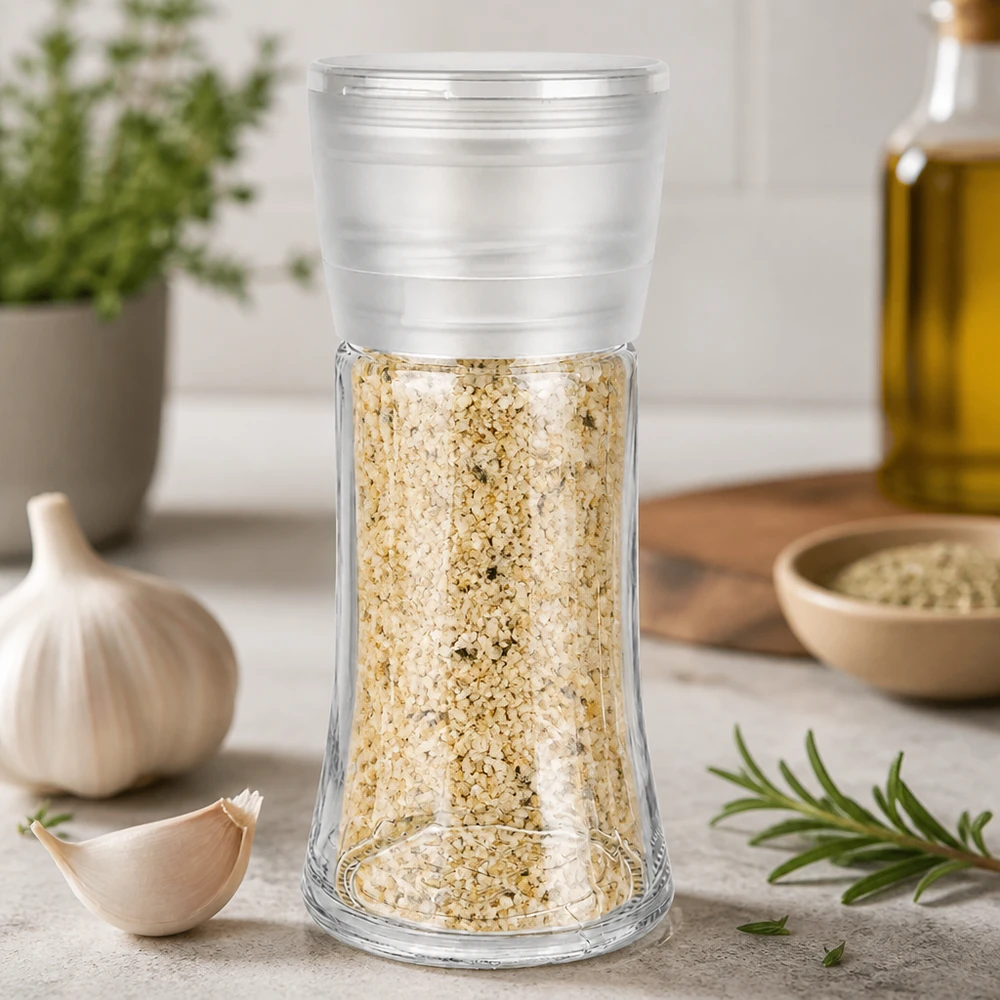 Salz-/Gewürzglas 95ml mit Mühle Vario weiss Nachfüllbare Salzmühle 95ml Vario mit grobkörnigem Würzsalz in modernem Küchenambiente