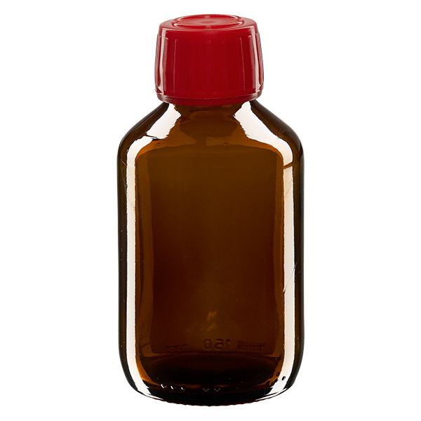 150ml Medizinflasche braun, Verschluss rot mit Originalitätsring ApoGlas