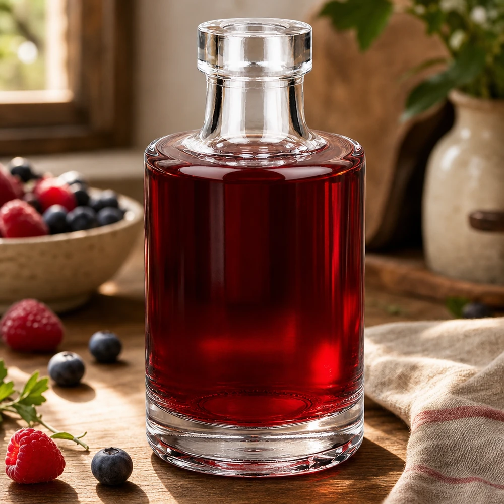 100ml Glasflasche Marie mit rotem Beerensirup gefüllt neben frischen Himbeeren und Blaubeeren auf Holztisch