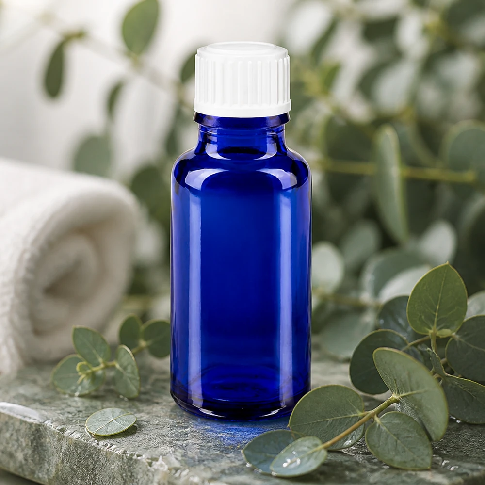 Apothekenflasche blau 20ml Schraubverschluss weiß Standard Kompakte 20ml Apothekerflasche kobaltblau mit weißem 11mm Verschluss für Kosmetikprodukte