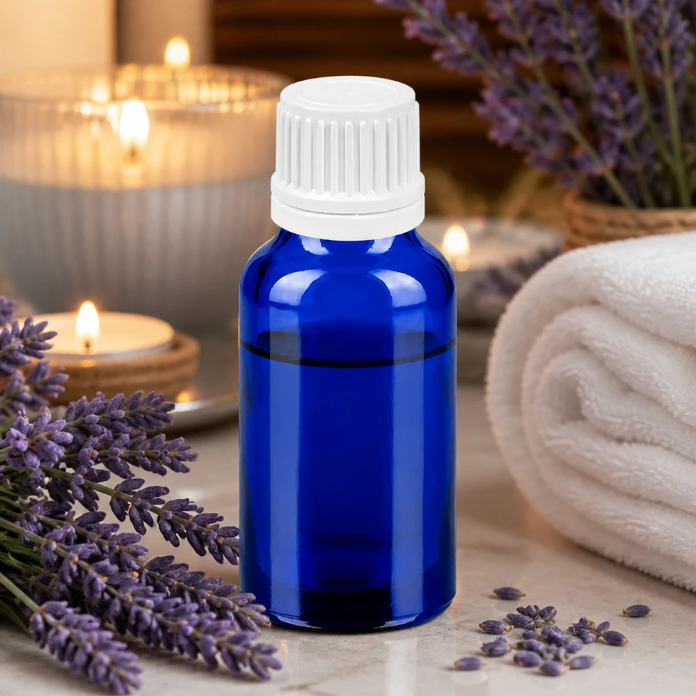20ml Flasche 11mm Schraubverschluss weiß Originalitätsverschluss BlueLine UT18/20 20ml Flasche aus lichtschützendem blauen Glas mit auslaufsicherem weißem Verschlusssystem