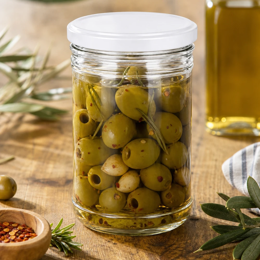 1053ml Sturzglas mit BasicSeal Deckel weiß UNiTWIST 1053ml Sturzglas mit Oliven gefüllt zeigt Mediterranean Verwendung BasicSeal Deckel weiß Vorratsglas für Antipasti