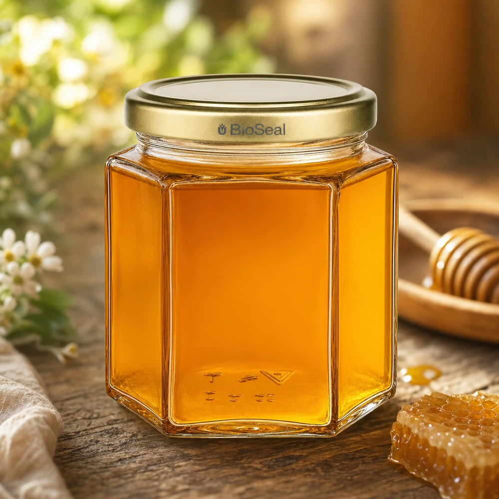 520g Honigglas mit goldenem Deckel BioSeal UNiTWIST 520g Honigglas hexagonal mit BioSeal Golddeckel gefüllt mit natürlichem Honig neben Wabe und Honiglöffel