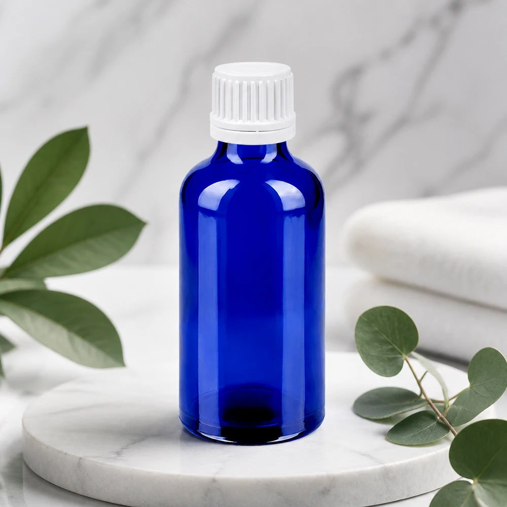 Robuste 50ml Glasflasche BlueLine Serie mit zuverlässigem weißem Schraubgewinde