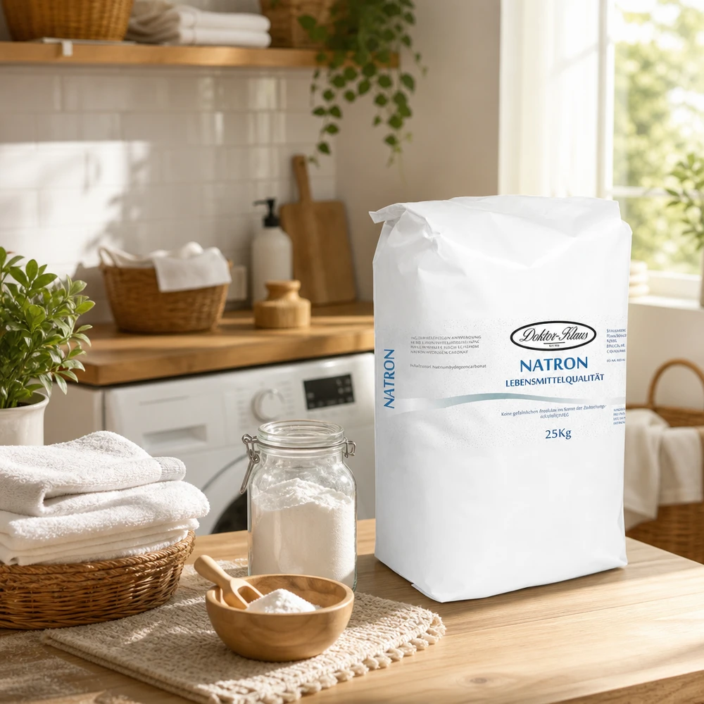 25kg Natriumhydrogencarbonat Sack in heller Küche zwischen Pflanze und Reinigungsutensilien