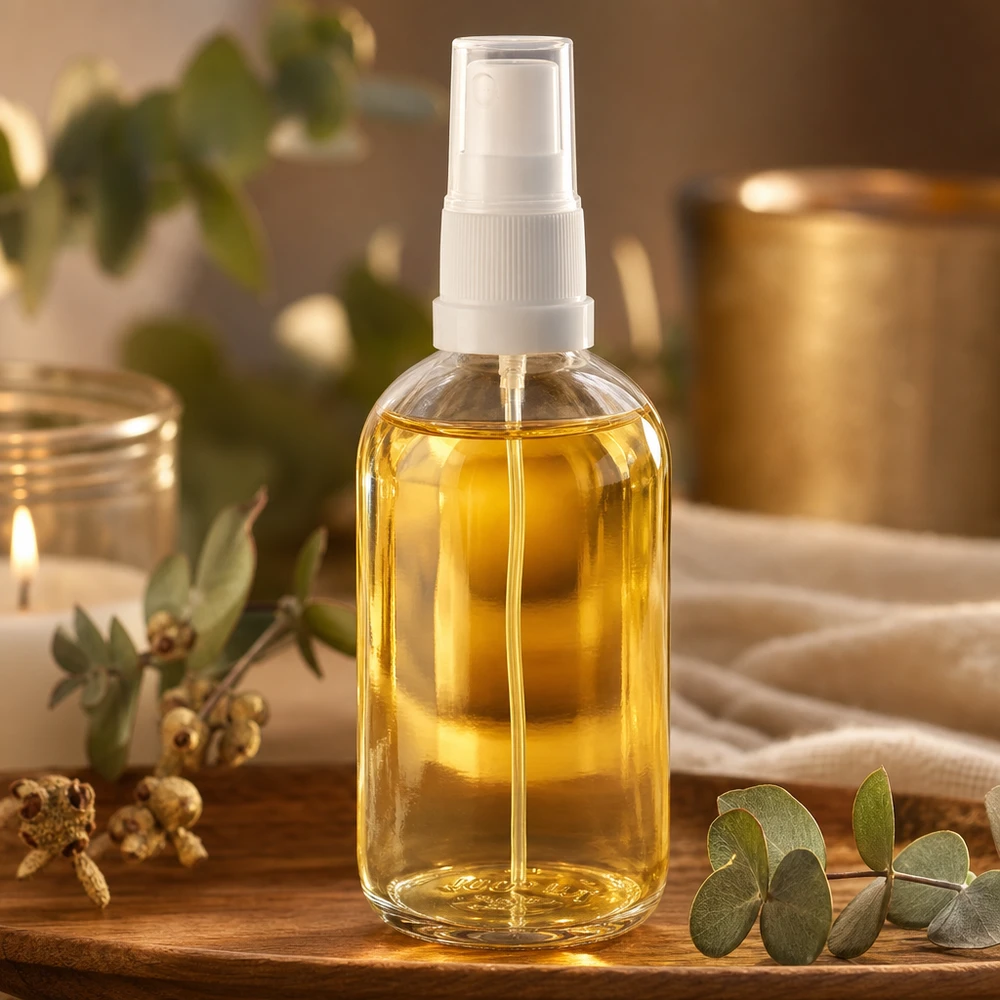 100ml Flakon ClearLine UT18 mit weißem Sprühkopf befüllt goldgelbes Pflegeöl Spa Setting