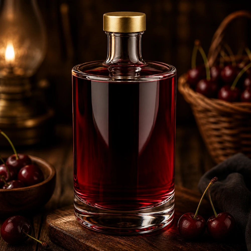 500ml Glasflasche "Sam" + Schraubverschluss gold UNiTWIST 500ml Glasflasche Sam mit roter Kirschflüssigkeit gefüllt goldener UNiTWIST Verschluss elegante Abendstimmung Kerzenlich