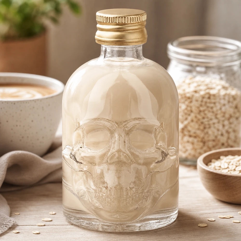 50ml Glasflasche "Hector" + Schraubverschluss gold UNiTWIST 50ml Miniatur-Glasflasche Hector mit geprägtem Totenkopf-Design und UNiTWIST Golddeckel