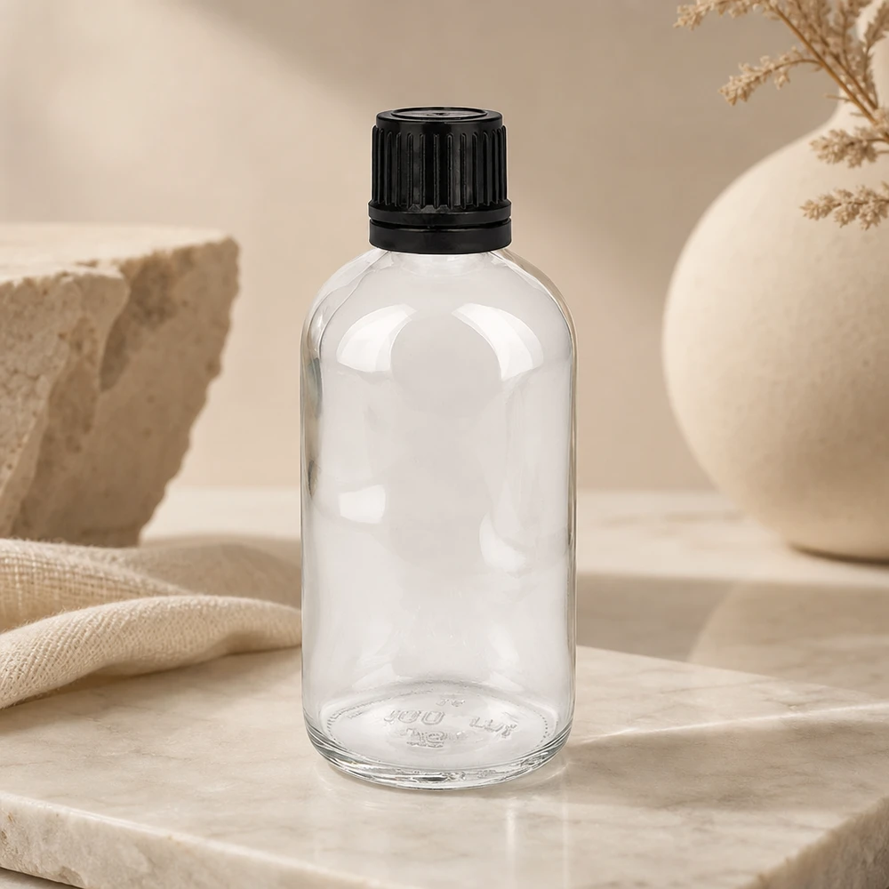 Apotheken Vorratsflasche 100ml Klarglas enghalsig mit schwarzem Verschluss für Pulver