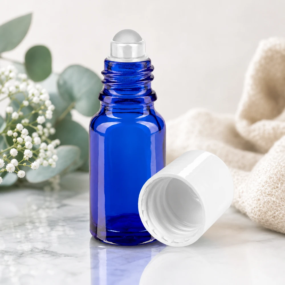 Apothekenflasche blau 10ml Roll-On Verschluss weiß UV-Schutz Apothekerglas 10ml Roll-On in Kobaltblau mit abnehmbarem weißen Standardverschluss