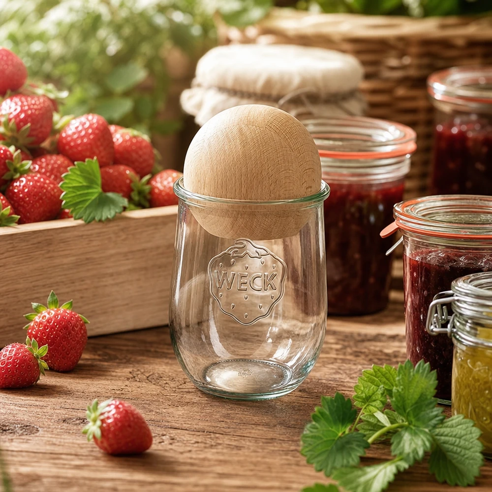 1062ml Tulpenglas WECK RR100 mit Holzkugel Buche WECK Einmachglas 1062ml RR100 mit Holzdeckel beim Einkochen von Erdbeermarmelade in rustikaler Küche