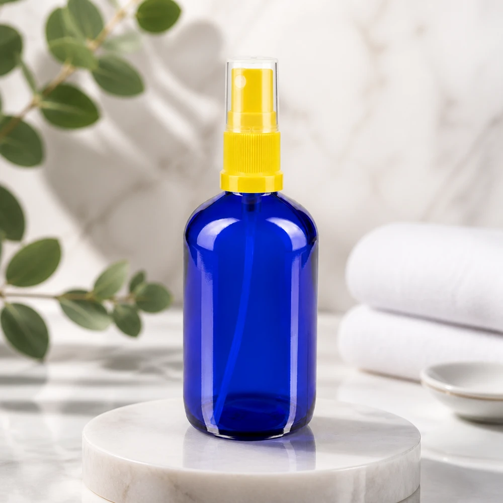 Apothekenflasche blau 100ml Sprayaufsatz gelb 100ml Lichtschutzglas Sprayflasche blau mit gelbem Pumpaufsatz wiederbefüllbar