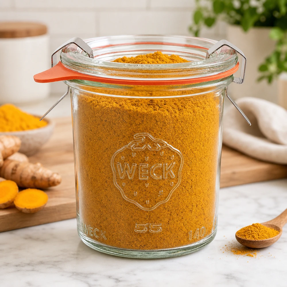 140ml Sturzglas komplett WECK RR60 WECK Sturzglas 140ml RR60 mit Kurkuma-Pulver gefüllt in moderner Küche zeigt Vielseitigkeit für Gewürzaufbewahrung