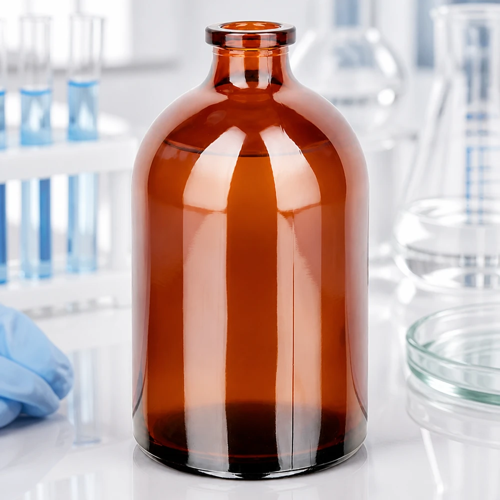 Injektionsflasche Braunglas 100ml Injektionsflasche 100ml aus braunem Glas zur Lagerung photosensitiver pharmazeutischer Wirkstoffe