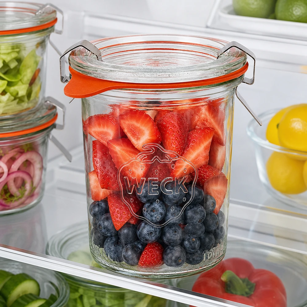 WECK Sturzglas 160ml RR60 im Kühlschrank mit frischen Beeren gefüllt zeigt optimale Frischhaltung und Aufbewahrung