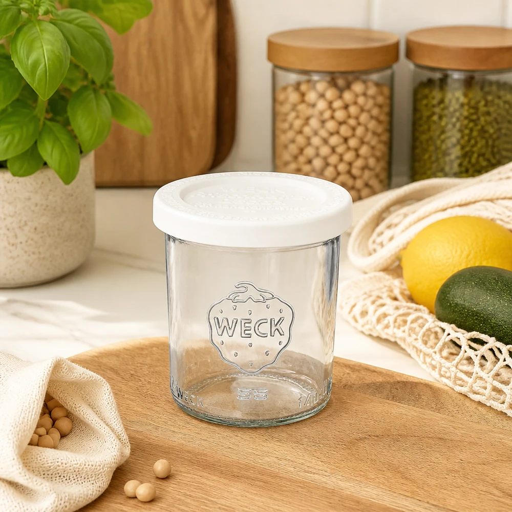 140ml Sturzglas mit Frischedeckel WECK RR60 WECK 140ml Sturzglas RR60 leer mit Frischedeckel in moderner Küche neben Vorratsgläsern und frischem Obst