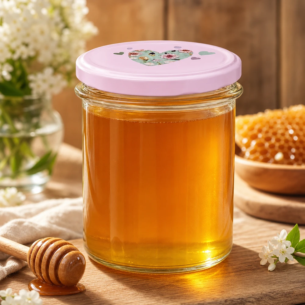 350ml Sturzglas rosa Herzdeckel gefüllt mit Honig Honigglas Bienenwachs Holzlöffel natürliche Süßungsmittel