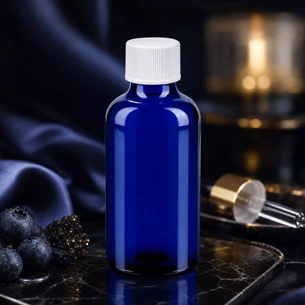 Vielseitige 50ml Glasflasche in Apothekerqualität mit weissem SV-Verschluss für Kosmetik