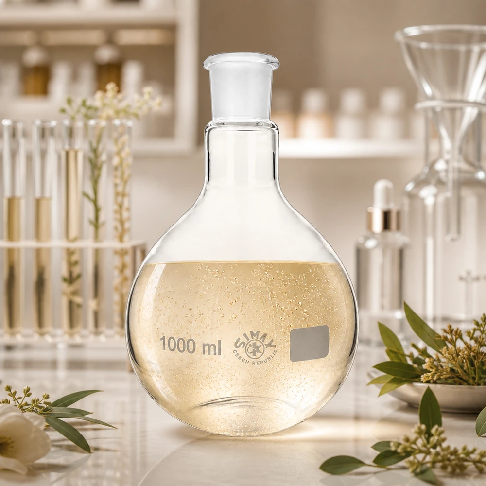 Wissenschaftlicher Glaskolben 1000ml in modernem Labor-Setup mit organischen Materialien und Kräutern